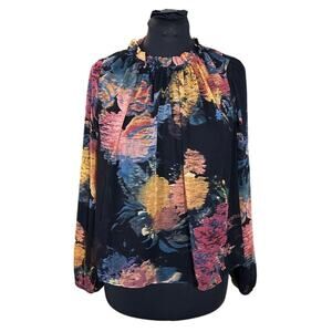 Rachel Zoe Mock Neck Abstract Floral Print Sheer Long Sleeve Blouse Size M